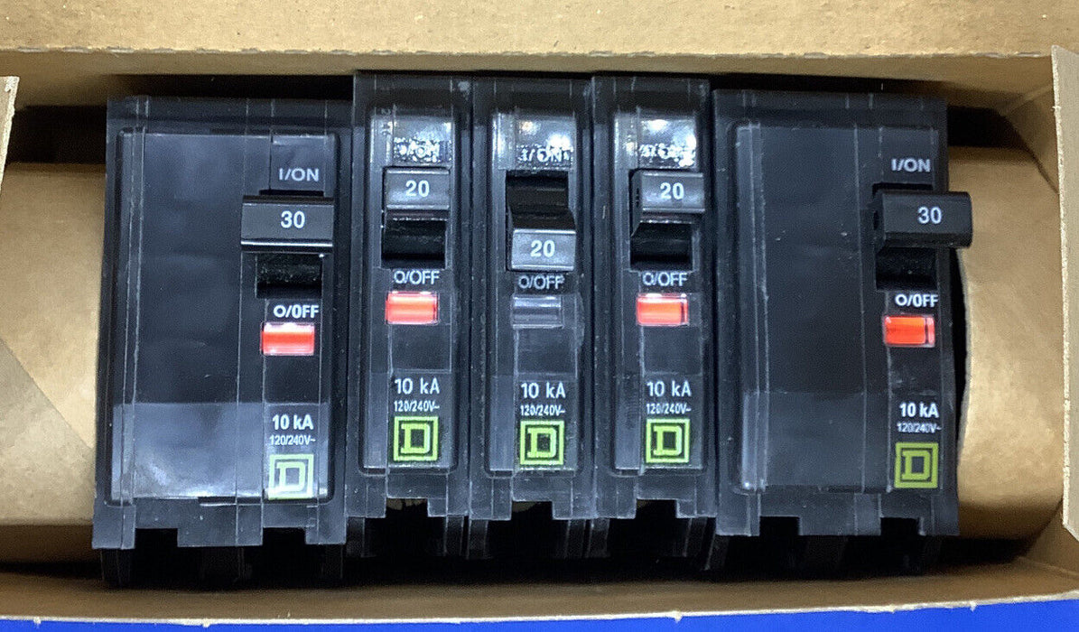 QOBP2 Square D QO Circuit Breaker Mixed Lot of 5. (3) QO120, (2) QO230