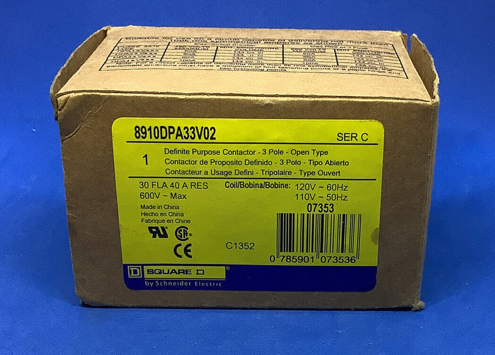 SQUARE D. P/N:8910DPA33V02. DEFINITE PURPOSE MAGNETIC CONTACTOR. 120V COIL,30FLA