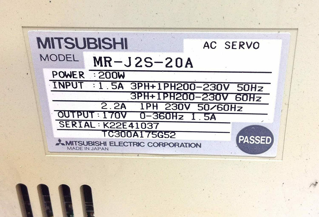 MITSUBISHI MR-J2S-20A 200 VAC, 200 W, SERVO Amplifier